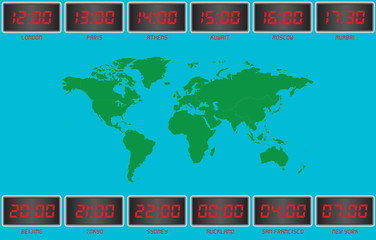 World Time Zones on Digital Clocks and World Map