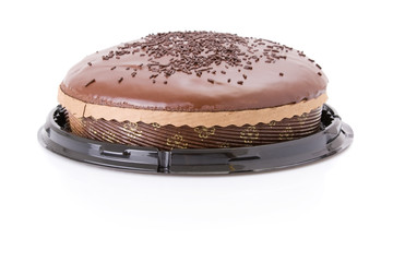 Chocolate fudge cake isolated on white background.