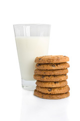Chocolate chip cookies and a glass of milk isolated on white.