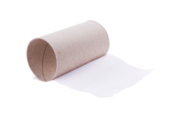 Last sheet of toilet paper isolated on white.