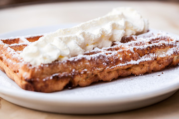 Belgian Waffle with whipped cream on a plate