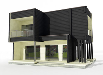 3d model of two-story black and white wooden house