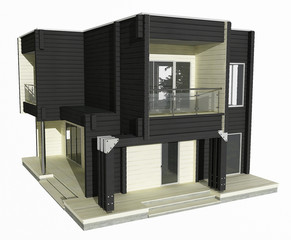 3d model of two-story black and white wooden house