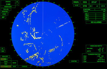 Modern ship radar screen with blue round map