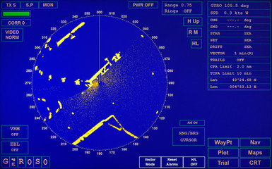 Blue modern ship radar screen with round map - obrazy, fototapety, plakaty