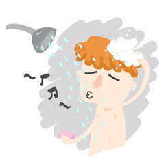 orange hair boy take a shower and sing