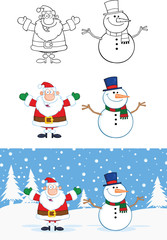 Santa Claus And Snowman Cartoon Characters. Collection Set