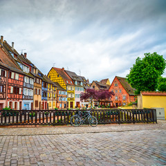 Colmar, Petit Venice, bridge, bike and houses. Alsace, France.