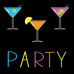 Martini set on black background. Cocktail party card.