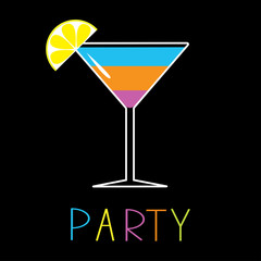 Colorful cocktail in martini glass. Party. Card.