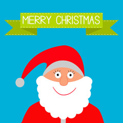 Santa Claus and green ribbon. Merry Christmas card.