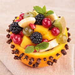 fruit salad in orange bowl