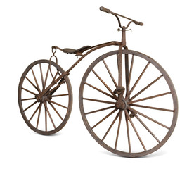 old bicycle with wooden wheels isolate  with clipping path