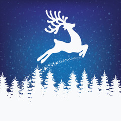 reindeer fly winter background stars and snow