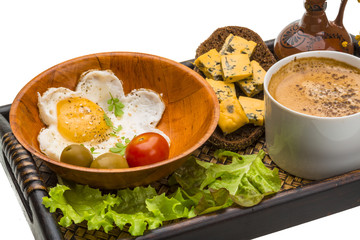 Breakfast with coffee, egg and cheese
