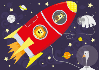 vector illustration of red rocket with animals