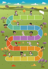Board game with happy cartoon children playing on the park