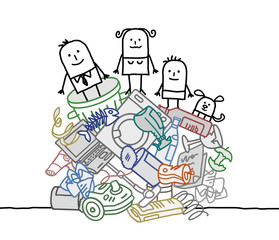 family on a pile of garbage