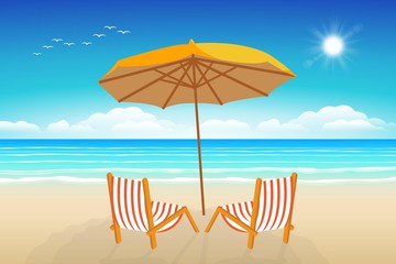Chairs, umbrella, sand and sea.