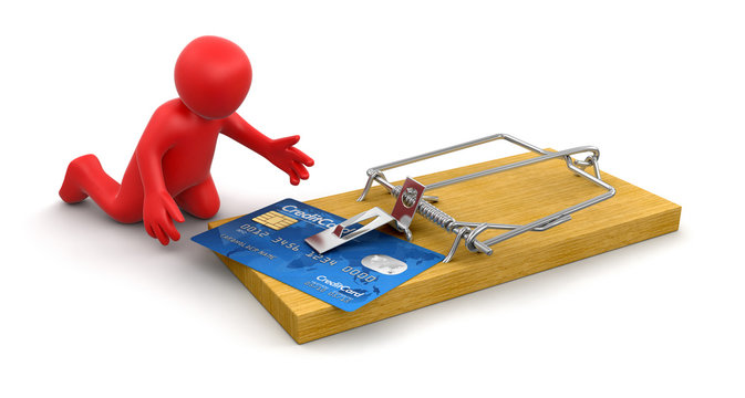 Man and mousetrap with Credit Cards (clipping path included)