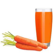 Carrots and glass of fresh carrots juice on white background.  V