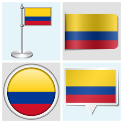 Colombia flag - sticker, button, label and flagstaff