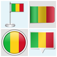 Mali flag - set of various sticker, button, label and flagstaff
