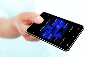 hand holding mobile phone with bank account screen