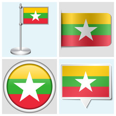 Myanmar flag - set of various sticker, button, label, flagstaff