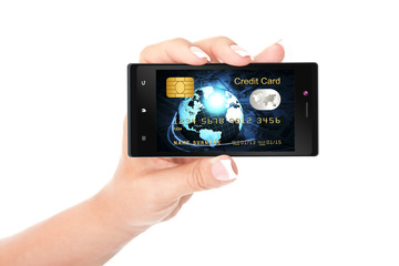 hand holding mobile phone with credit card screen