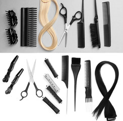 Professional hairdresser tools on white and gray background