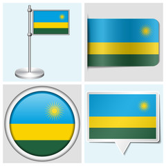 Rwanda flag - set of various sticker, button, label, flagstaff