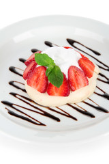 Tasty meringue cake with berries, isolated on white