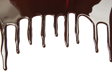 Melted chocolate dripping on white background