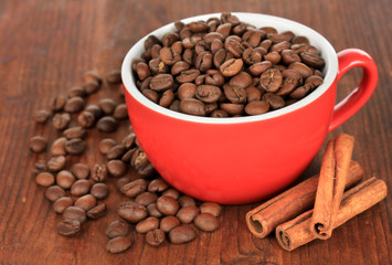 Coffee beans in cup on wooden background
