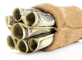 Money in  bag isolated on white