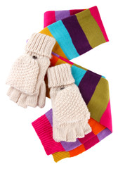 Wool fingerless gloves and multicolor scarf, isolated on white