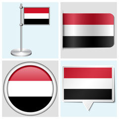 Yemen flag - set of various sticker, button, label and flagstaff