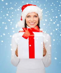 smiling woman in santa helper hat with gift box