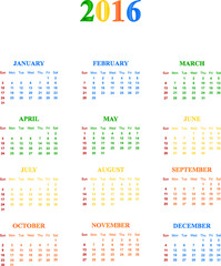 2016 Calendar With Season Specific Colors