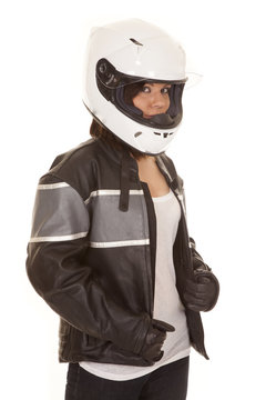 woman biker helmet look gloves