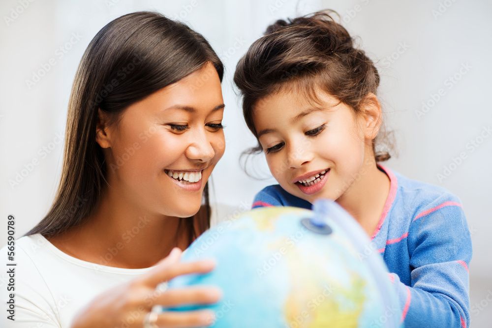 Sticker mother and daughter with globe