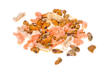 Mix of king prawns,  mussels and calamari isolated on white