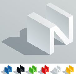 Solid colored letter in isometric view. Letter N