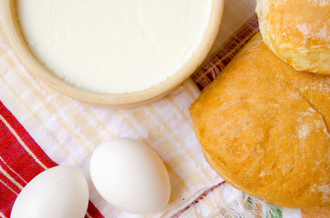 Food from village - homemade bread, yogurt, eggs