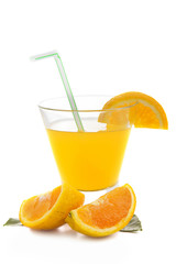 Glass with orange juice and slices of orange isolated on white b