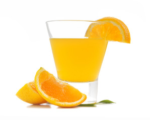Glass with orange juice and slices of orange isolated on white b