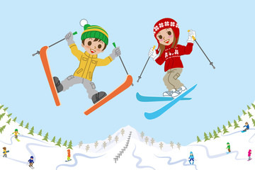 Jumping kids on ski slope