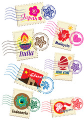 Asia country stamp icon set