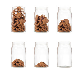 Sequence of jar of cookies from full to empty isolated on white